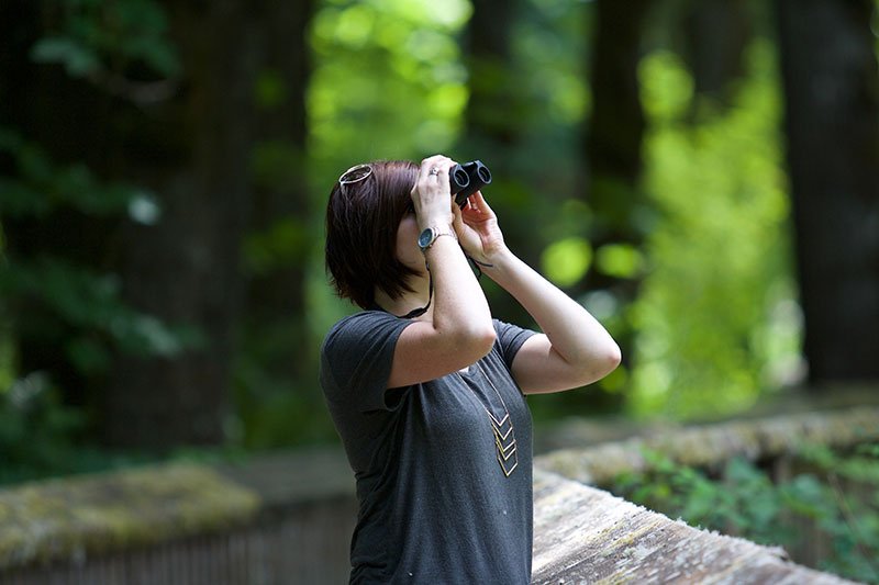 chica joven haciendo turismo ornitológico en el bosque