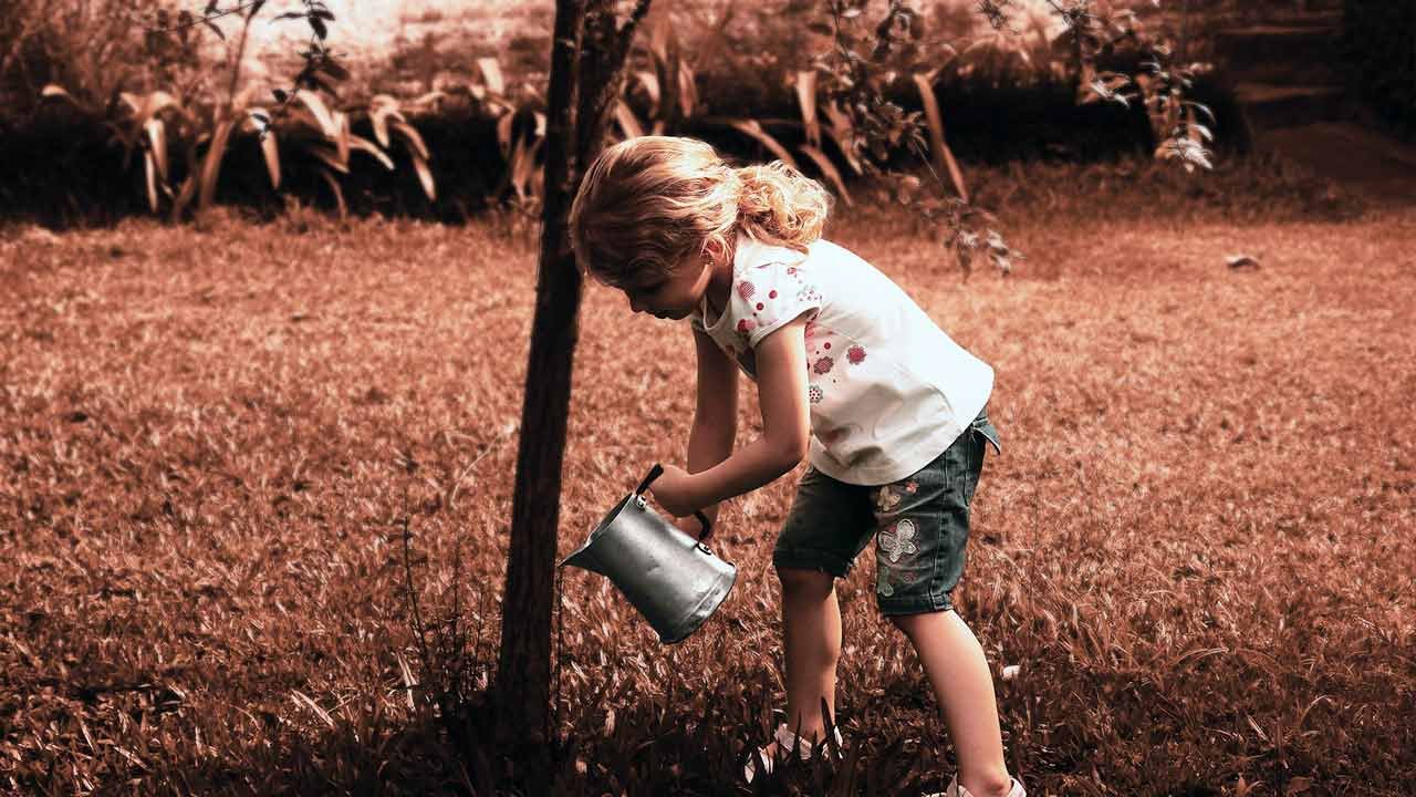 Niña regando durante el Día del Árbol