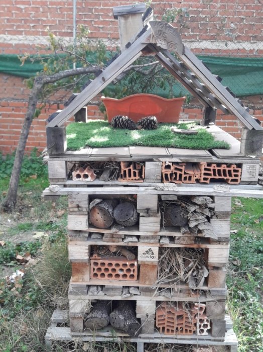 Depósito de agua reciclada para riego de huerto ecológico en centro educativo.